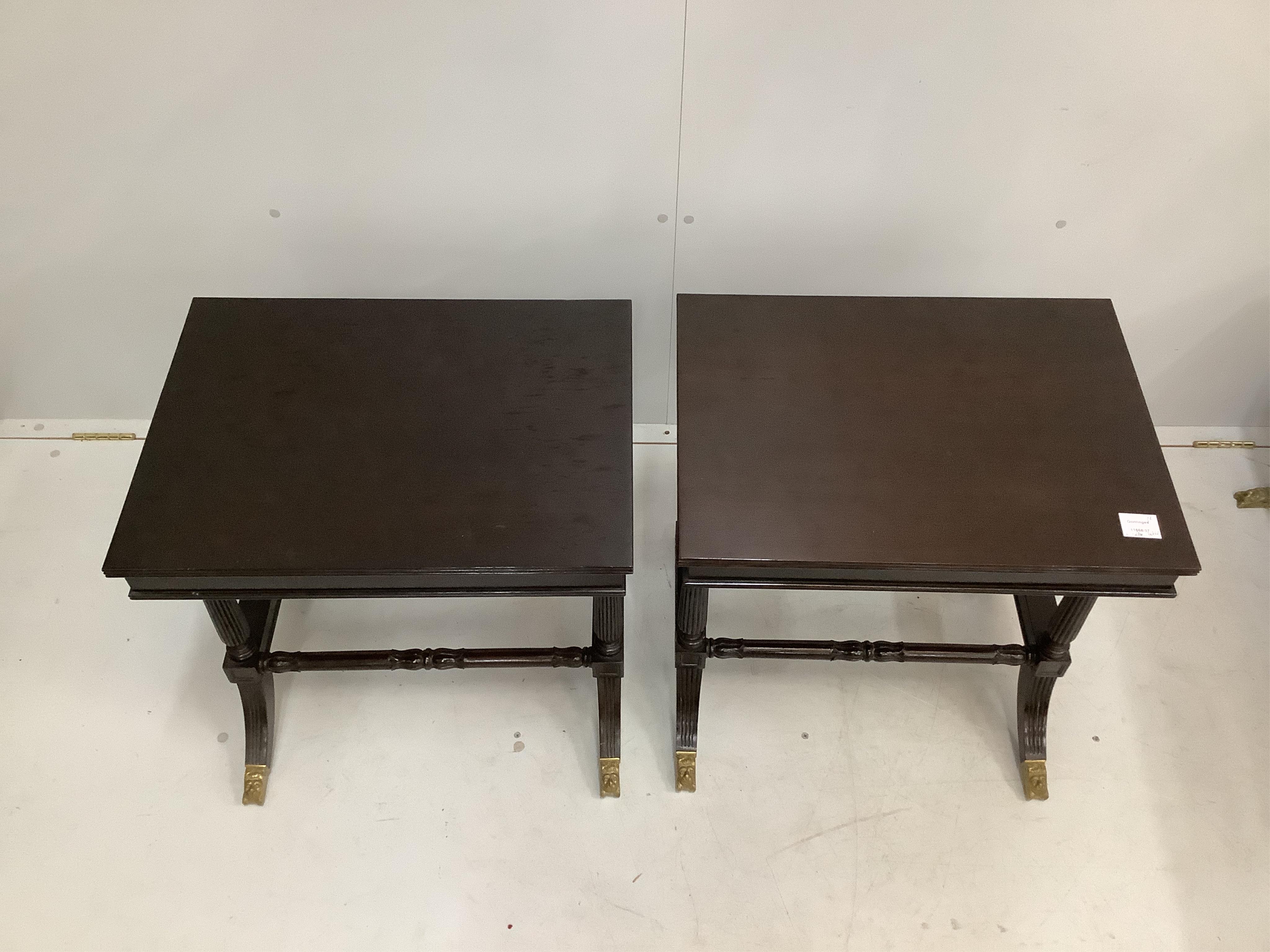 A pair of Regency style rectangular mahogany occasional tables, width 56cm, depth 42cm, height 58cm, together with a matching rectangular coffee table. Condition - fair